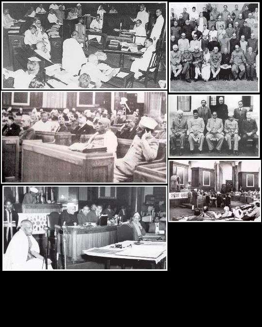 Black and white photographs of the Constituent Assembly of India during its historic proceedings