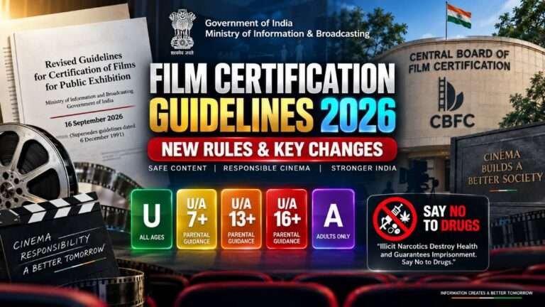 Film Certification Guidelines 2026 showing revised CBFC rules, U/A age categories and anti-drug warning in India