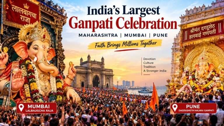 India’s largest Ganpati celebration in Maharashtra featuring Mumbai’s Lalbaugcha Raja and Pune’s Dagdusheth Halwai Ganpati with massive crowds