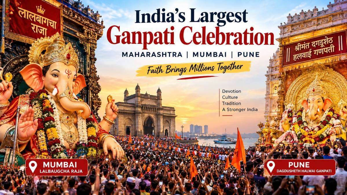 India’s largest Ganpati celebration in Maharashtra featuring Mumbai’s Lalbaugcha Raja and Pune’s Dagdusheth Halwai Ganpati with massive crowds