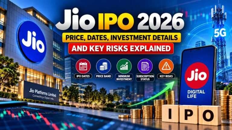 Jio Platforms IPO 2026 featured image showing IPO investment details, telecom technology and stock market graphics.