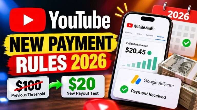 YouTube new payment rules 2026 featuring the reported $20 payout threshold test and AdSense payment information.