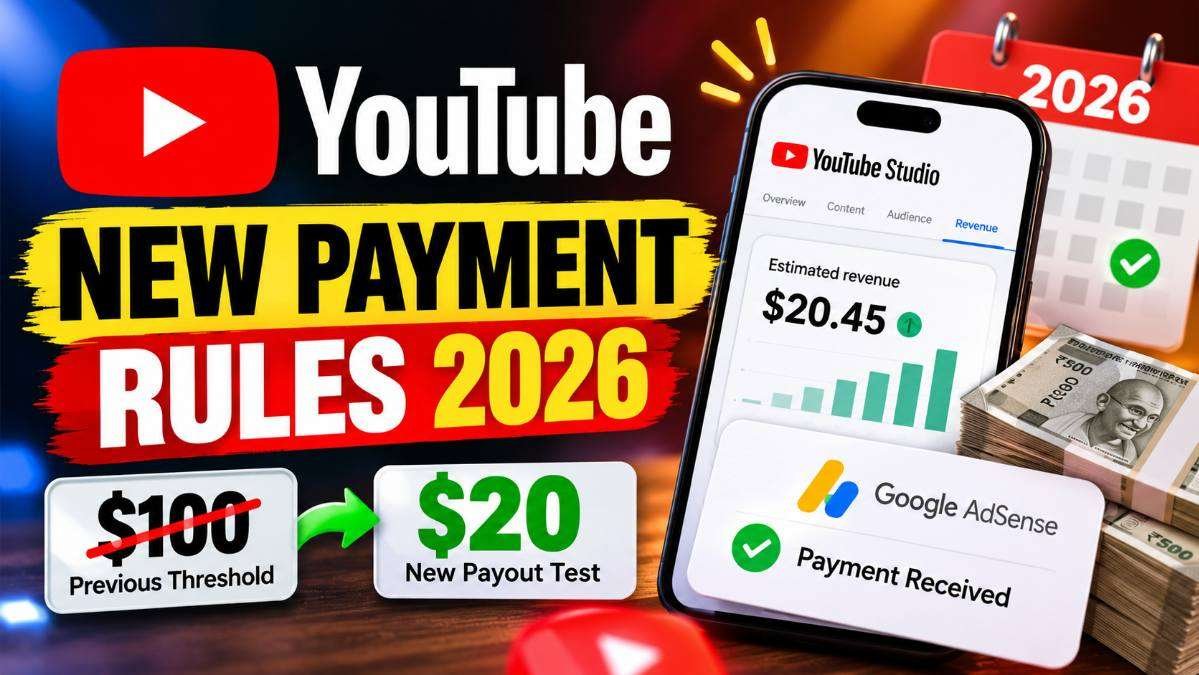 YouTube new payment rules 2026 featuring the reported $20 payout threshold test and AdSense payment information.
